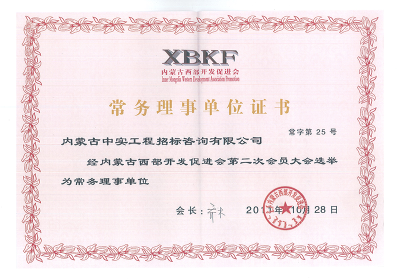 华体会(中国)Huatihui·官方网站西部开发促进会常务理事单位证书
